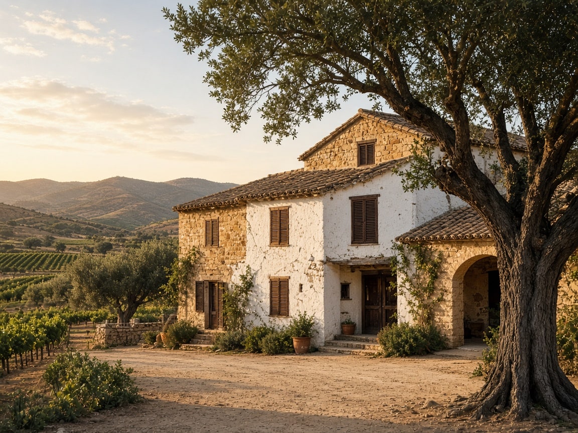 Finca rústica de piedra rodeada de olivos y viñedos al atardecer