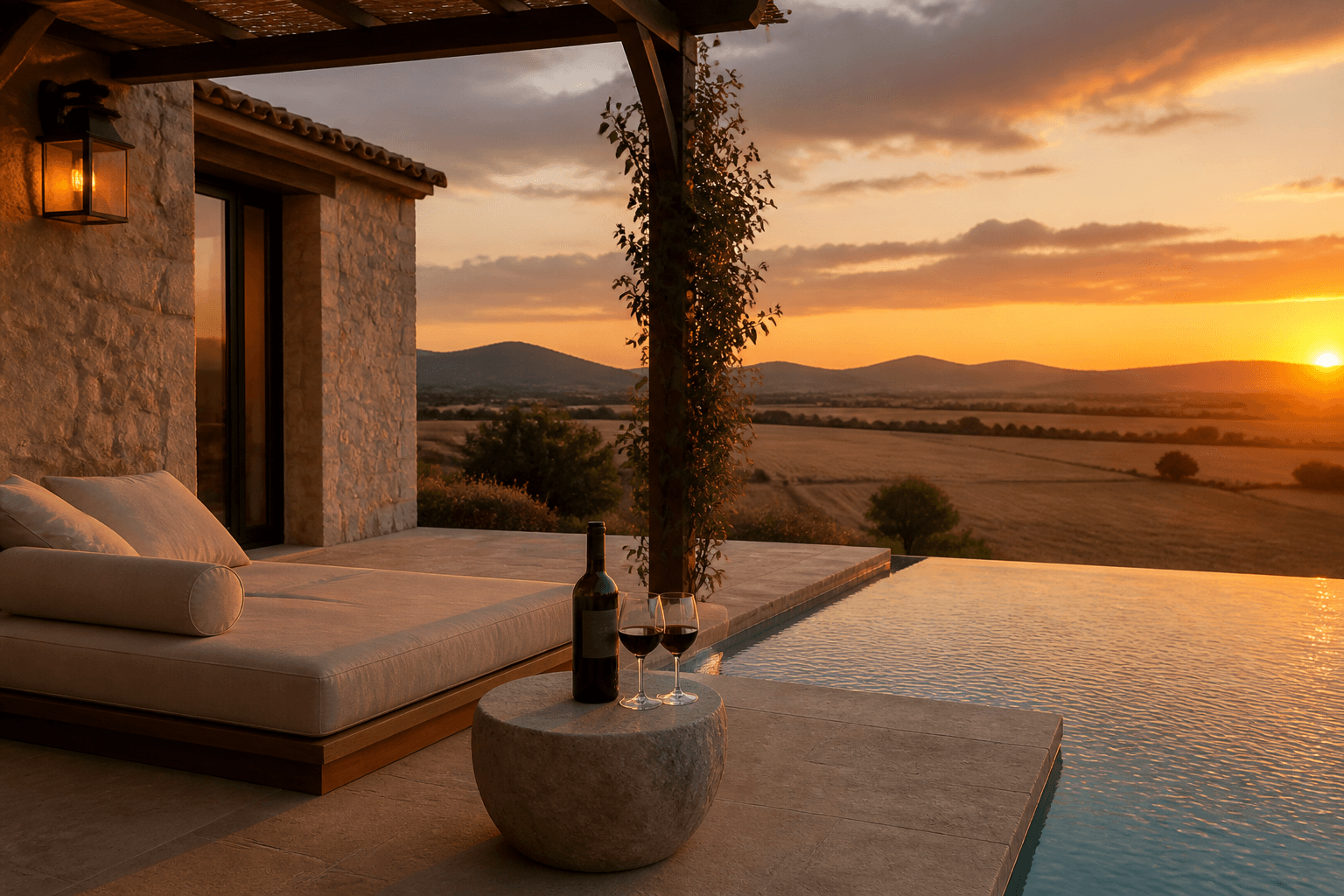 Terraza con piscina al atardecer