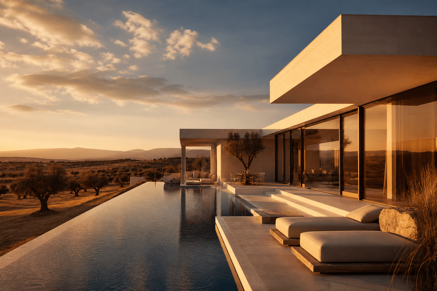 Vivienda contemporánea con piscina desbordante al atardecer, rodeada de olivos